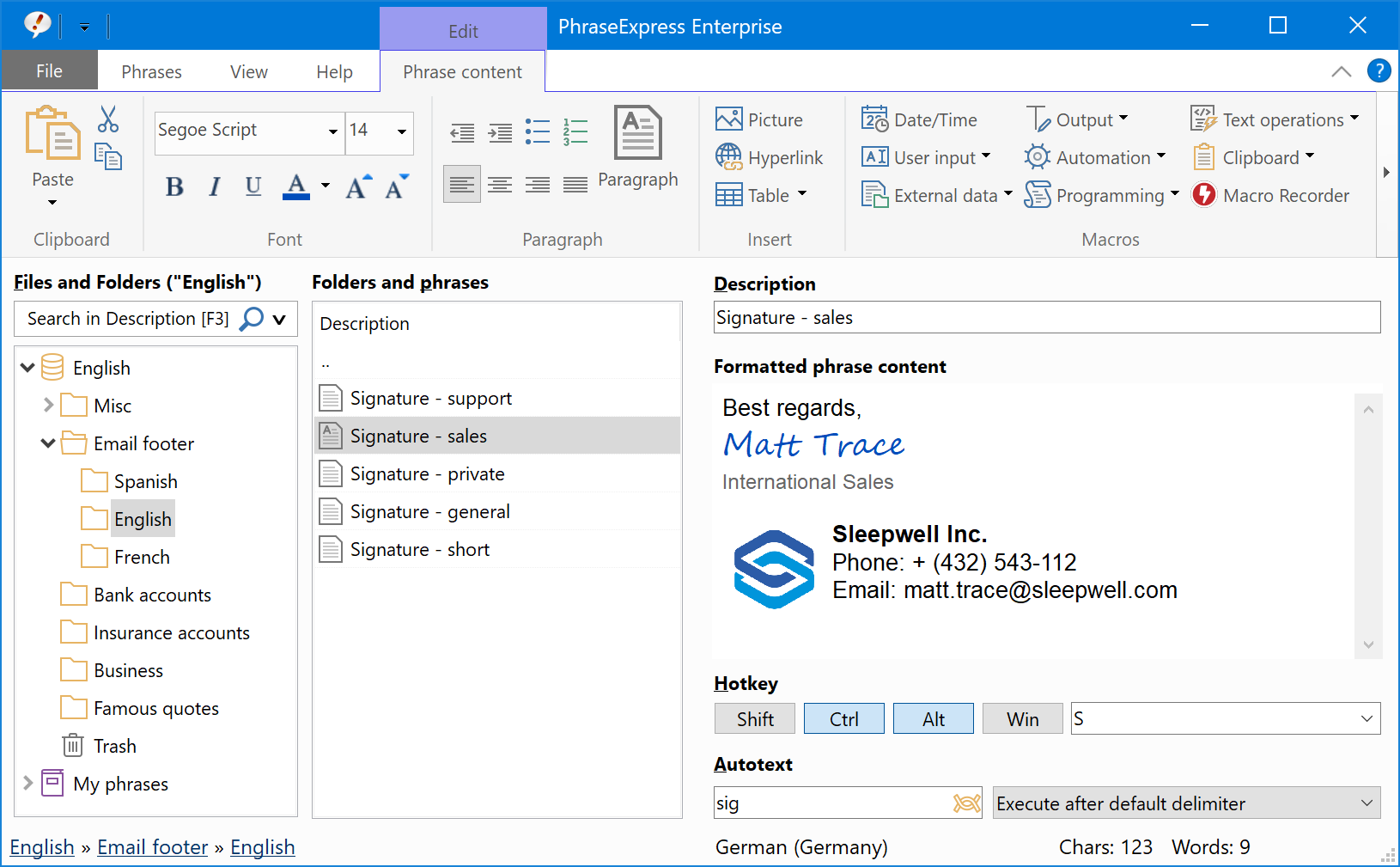 phraseexpress macro to send a preformatted email